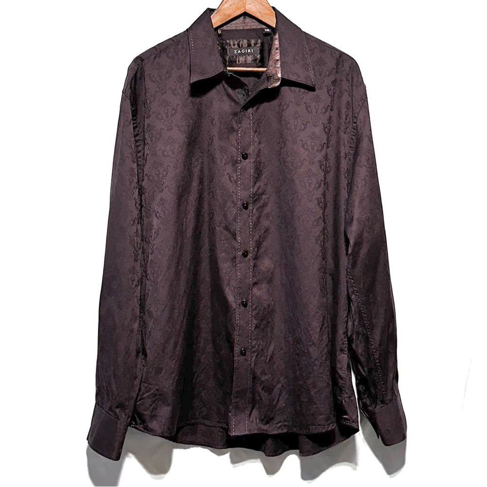 ZAGIRI Chocolate Brown Jacquard Damask Baroque Dress Shirt 2XL